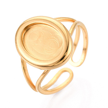 304 Stainless Steel Cuff Ring Components, Oval Pad Ring Setting, Ion Plating(IP), Real 18K Gold Plated, Tray: 11x8mm, 14.9mm, Adjustable