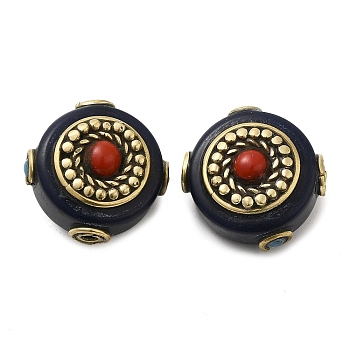 Handmade Tibetan Style Resin Beads, with Synthetic Turquoise and Brass Findings, Flat Round, Antique Golden, 20x21x13.5mm, Hole: 2mm