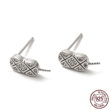 Rhodium Plated 925 Sterling Silver Micro Pave Cubic Zirconia Stud Earring Findings, for Half Drilled Beads, Oval, with S925 Stamp, Real Platinum Plated, 12x4.5mm, Pin: 0.9mm and 11x0.9mm
