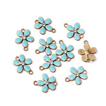 Zinc Alloy Enamel Links Connectors, with Crystal Rhinestones, Golden, Flower, Cyan, 15.5x19.5x3mm, Hole: 2mm