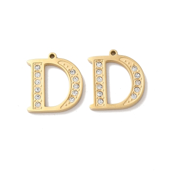 Real 14K Gold Plated 304 Stainless Steel Pendants, with Rhinestone, Letter D, 18x16.5x2mm, Hole: 1.2mm