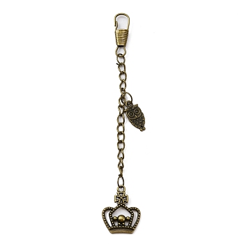 Tibetan Style Alloy Keychains, with Keychain Clasp Findings, Crown & Owl, Antique Bronze, 12.3cm