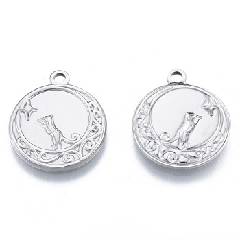 201 Stainless Steel Pendants, Flat Round with Cat, Stainless Steel Color, 24x20.5x2mm, Hole: 2mm