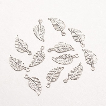 316 Surgical Stainless Steel Pendants, Leaf, Stainless Steel Color, 14x6x0.5mm, Hole: 1mm