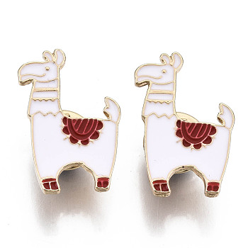 Alloy Brooches, Enamel Pin, with Brass Butterfly Clutches, Llama/Alpaca, Light Gold, White, 27x18x2mm, Pin: 1mm