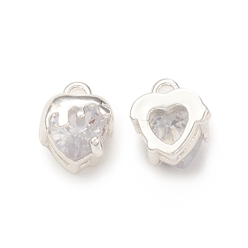 Clear Glass Pendnants, with Brass Findings, Heart Charms, Silver, 9x7.5x6mm, Hole: 1.4mm