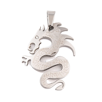 304 Stainless Steel Pendants, with Rhinestone, Dragon Charm, Stainless Steel Color, 41x32x2.5mm, Hole: 9.5x5.5mm