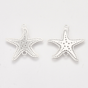 Brass Links connectors, Etched Metal Embellishments, Starfish/Sea Stars, Platinum, 21x20.5x0.3mm, Hole: 1.8mm