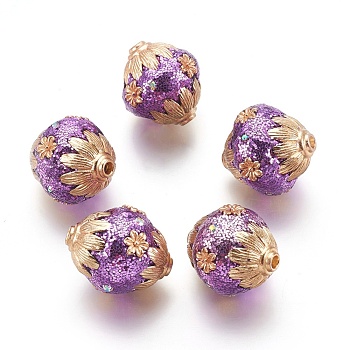 Handmade Indonesia Beads, with Polymer Clay, Rhinestone and Metal Findings, Oval with Flower, Golden, Medium Purple, 20~22x18~19mm, Hole: 2mm