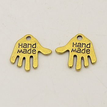 Tibetan Style Alloy Charms, Cadmium Free & Nickel Free & Lead Free, Hand Palm with Word Hand Made, Golden, 12.5x13x1mm, Hole: 1mm