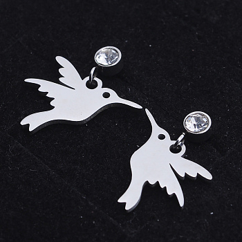 201 Stainless Steel Dangle Stud Earrings, with Clear Cubic Zirconia, Bird, Stainless Steel Color, 19.5mm, Pin: 0.8mm