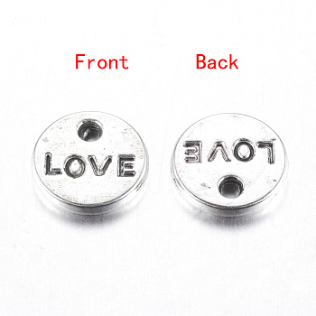 Valentines Day Gift Ideas for Wife Tibetan Style Alloy Charms Pendants, Cadmium Free & Nickel Free & Lead Free, Flat Round with LOVE, Antique Silver, 9x1mm, Hole: 1.5mm