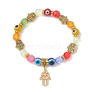 Evil Eye Resin & Acrylic Beaded Stretch Bracelets, Religion Hamsa Hand 201 Stainless Steel Charm Bracelets for Women, Colorful, Inner Diameter: 2-3/8 inch(6.1cm)(BJEW-JB10431)