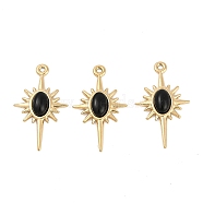 Natural Black Onyx(Dyed & Heated) Sun Pendants, with Ion Plating(IP) 304 Stainless Steel Findings, Real 18K Gold Plated, 22.5x13.5x3mm, Hole: 1.5mm(STAS-I325-140B-G)