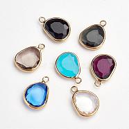 Brass Glass Pendants, Golden, teardrop, Faceted, Mixed Color, 18x13x3.5~4mm, Hole: 2mm(GLAA-J096-G)