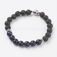 Natural Lava Rock Beads Stretch Bracelets, with Synthetic Blue Goldstone, Magnetic Clasp and Alloy Findings, 7-5/8 inch(195mm)(BJEW-I241-13L)