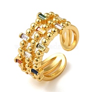 Rack Plating Brass Micro Pave Colorful Cubic Zirconia Open Cuff Rings, Rectangle, Real 18K Gold Plated, Inner Diameter: 17.6mm(RJEW-M162-06G)