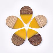 Resin & Walnut Wood Pendants, Teardrop, Gold, 49x32x4mm, Hole: 1.8mm(RESI-T023-02B)