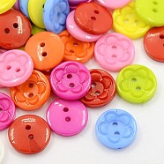 Acrylic Sewing Buttons for Clothes Design, Plastic Buttons, 2-Hole, Dyed, Flat Round with Flower Pattern, Mixed Color, 15x3mm, Hole: 1mm(X-BUTT-E083-E-M)