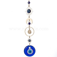 Blue Evil Eye Lampwork Pendant Decorations, with Brass Star/Moon Link, Hanging Ornaments, Flat Round, 211mm(HJEW-JM01603-03)