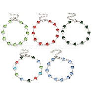 304 Stainless Steel & Glass Heart Link Chain Bracelets for Women, Stainless Steel Color, Mixed Color, 6-1/2 inch(16.5cm)(BJEW-P334-12P)