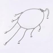304 Stainless Steel Charm Anklets, Heart, with 316 Surgical Stainless Steel Chains, Stainless Steel Color, 9 inch(228mm)(AJEW-AN00204)