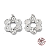 Rhodium Plated 925 Sterling Silver Pendants, Hexagon Flower Charm, Textured, Real Platinum Plated, 16x13x1.2mm, Hole: 1.2mm(STER-C003-14P)