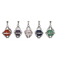 Natural Mixed Gemstone Round Bead Pendants, 304 Stainless Steel Link Chains Charms, Mixed Dyed and Undyed, Stainless Steel Color, 19.5x15x15mm, Hole: 4.5x2.5mm(PALLOY-JF02415-02)