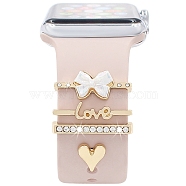 Word Love & Heart Alloy Rhinestones Watch Band Charms Set, Watch Band Studs, Decorative Ring Loops, Golden, Inner Diameter: 2.2x0.35cm, 4pcs/set(PW-WG62408-05)