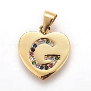 Brass Micro Pave Cubic Zirconia Pendants, Heart with Letter, Colorful, Letter.G, 17x15x1.5mm, Hole: 3.5x4.5mm(X-ZIRC-F093-57G-G)
