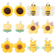 Pandahall 12Pcs 6 Styles Opaque Resin Pendants, Flower & Bees Charms, with Platinum Tone Iron Loops, Mixed Color, 20~25x14~24x6~8.5mm, Hole: 2mm, 2pcs/style(RESI-TA0002-04)