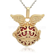 Golden Tone Brass Hollow Round Cage Pendants, with No Hole Spray Painted Brass Round Ball Beads, Round with Wing, Cerise, 31x30x21mm, Hole: 3x8mm(KK-J233-04G)