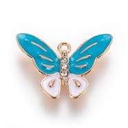 Zinc Alloy Pendants, with Enamel and Rhinestone, Butterfly, Light Gold, Deep Sky Blue, 18x25.5x3.5mm, Hole: 1mm(X-ENAM-P163-19D)