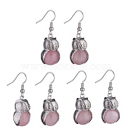 Natural Rose Quartz Owl Dangle Earrings, Platinum Brass Jewelry for Women, 41mm, Pin: 0.6mm(EJEW-A092-08P-04)