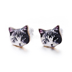 Real 14K Gold Plated Alloy Kitten Stud Earrings, with Enamel and Environment Stainless Steel Pin, Printed, Cat Pattern, Gray, 10~10.5x10.5~11mm, pin: 0.7mm(EJEW-G148-01G-07)