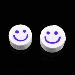 Handmade Polymer Clay Beads, Flat Round with Smiling Face, Blue Violet, 9~10x4mm, Hole: 1.2~1.6mm(CLAY-N011-64-01)