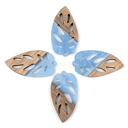 Opaque Resin & Walnut Wood Pendants, Leaf, Cornflower Blue, 38x20x3mm, Hole: 2mm(RESI-S389-048A-C01)