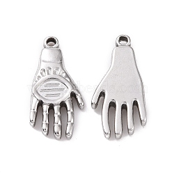304 Stainless Steel Pendants, Hamsa Hand Charms, Stainless Steel Color, 21x10.5x3.5mm, Hole: 1.5mm(STAS-G282-01P)