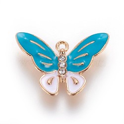 Zinc Alloy Pendants, with Enamel and Rhinestone, Butterfly, Light Gold, Deep Sky Blue, 18x25.5x3.5mm, Hole: 1mm(X-ENAM-P163-19D)