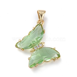 Brass Micro Pave Clear Cubic Zirconia Pendants, with Glass, Butterfly, Golden, Dark Green, 24x21.5x4mm(ZIRC-P079-D01-10)