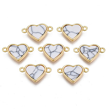 Brass Connector Charms, with Synthetic Turquoise, Cadmium Free & Nickel Free & Lead Free, Real 18K Gold Plated, Heart, Creamy White, 10x17x3mm, Hole: 1.4mm