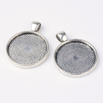 Tibetan Style Alloy Pendant Cabochon Settings, Plain Edge Bezel Cups, Lead Free & Nickel Free & Cadmium Free, Flat Round, Antique Silver, Tray: 25mm, 36.5x28x3mm, Hole: 7x4mm, about 188pcs/1000g
