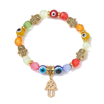 Evil Eye Resin & Acrylic Beaded Stretch Bracelets, Religion Hamsa Hand 201 Stainless Steel Charm Bracelets for Women, Colorful, Inner Diameter: 2-3/8 inch(6.1cm)