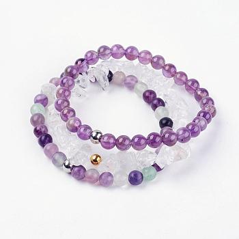 Natural Mixed Gemstone Stretch Bracelets, Amethyst & Fluorite & Quartz Crystal, with 304 Stainless Steel Beads, Cardboard Jewelry Box Packing, 2 inch~2-1/4 inch(52~57mm), 3strands/set