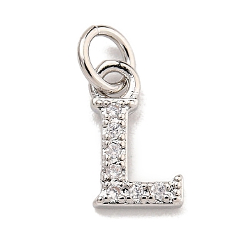 Initial Letter Brass with Cubic Zirconia Charms, Platinum, Long-Lasting Plated, Lead Free & Cadmium Free, Letter L, 10x6x1.5mm, ring: 5x1mm, inner diameter: 3mm
