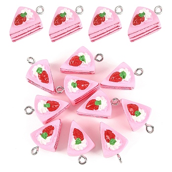 10Pcs Opaque Resin Pendants, Strawberry Cake Charm, Imitation Food, with Platinum Tone Alloy Loops, Pink, 20x12x12.5mm, Hole: 2mm