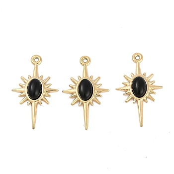 Natural Black Onyx(Dyed & Heated) Sun Pendants, with Ion Plating(IP) 304 Stainless Steel Findings, Real 18K Gold Plated, 22.5x13.5x3mm, Hole: 1.5mm