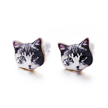 Real 14K Gold Plated Alloy Kitten Stud Earrings, with Enamel and Environment Stainless Steel Pin, Printed, Cat Pattern, Gray, 10~10.5x10.5~11mm, pin: 0.7mm