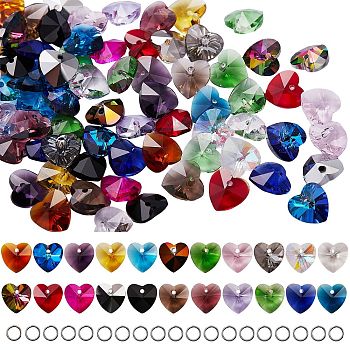 88Pcs 22 Colors Valentine's Day Theme Faceted Heart Charm, with 150Pcs Iron Open Jump Rings, for DIY Pendants Making Kits, Mixed Color, 10x10x5mm, Hole: 1mm, 4pcs/color