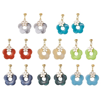 8 Pair 8 Color Alloy Enamel with Acrylic Imitation Gemstone Flower Dangle Stud Earrings, 304 Stainless Steel Jewelry for Women, Mixed Color, 39mm, Pin: 0.7mm, 1 Pair/color